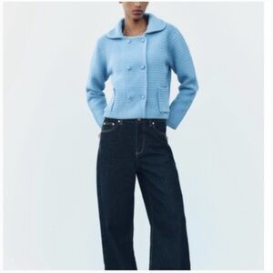 Zara Light Blue Textured Sweater Jacket Cropped